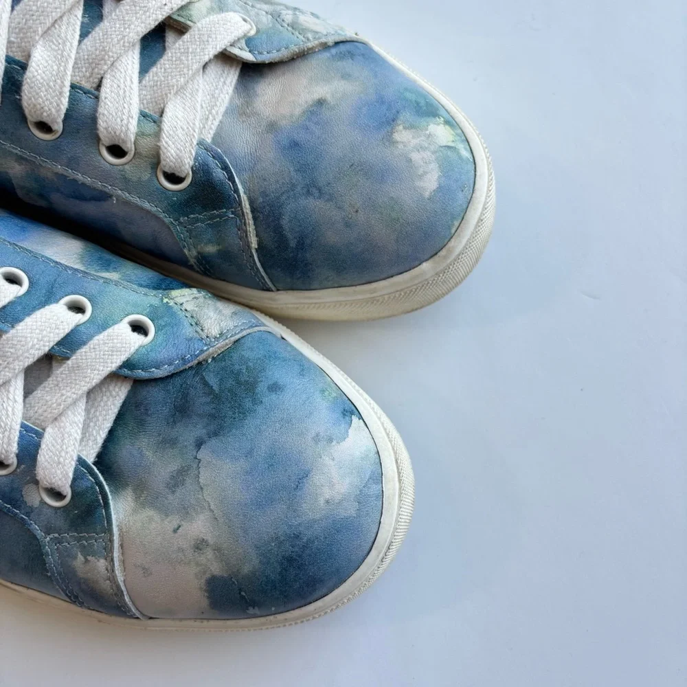 SH4 Sam Edelman Blue Watercolor Cloud Print Leather Sneakers Casual Women 10M